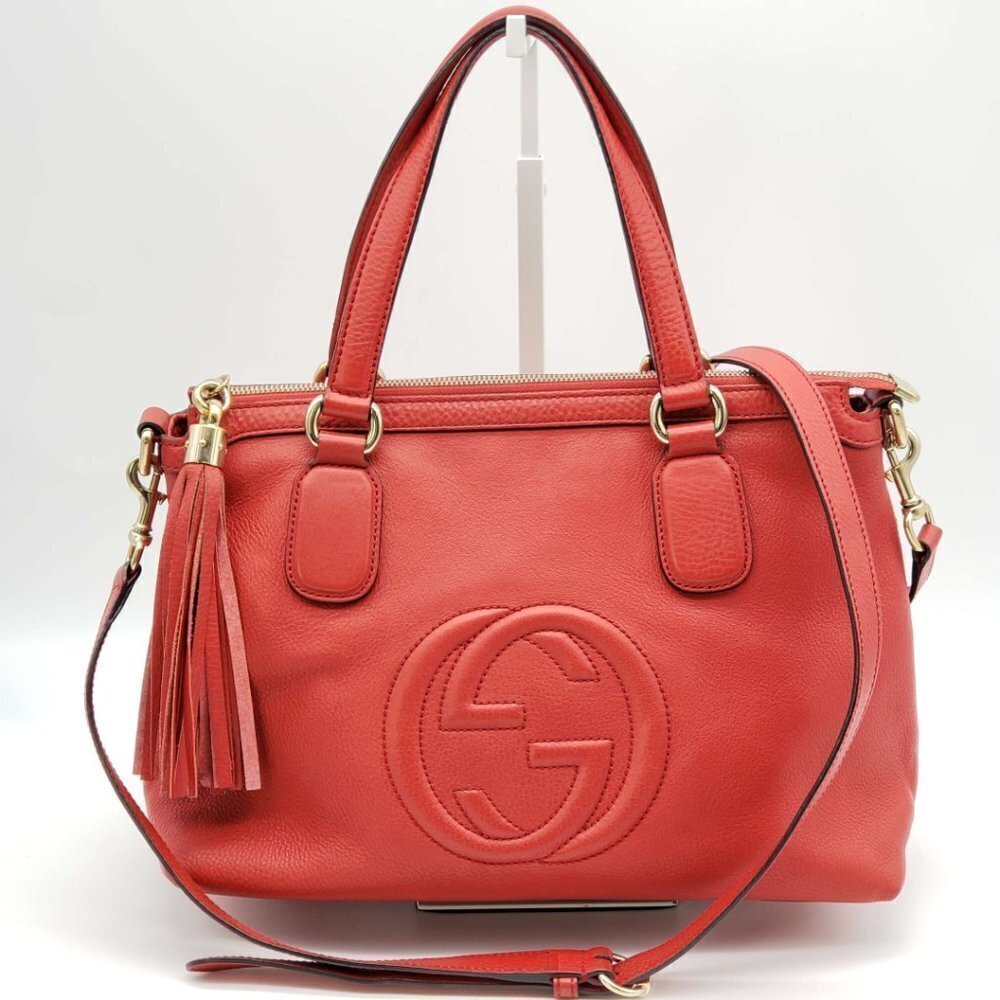 Authentic Gucci Soho Leather Tote Bag Red Shoulder Luxury Designer Bag